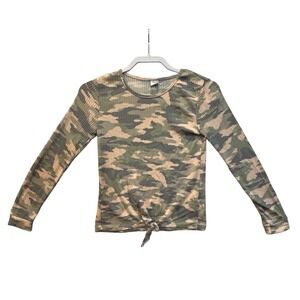 Wallflower Girl Camo Ribbed Knit Tie Front‎ Long Sleeve Top Kids L 14 16